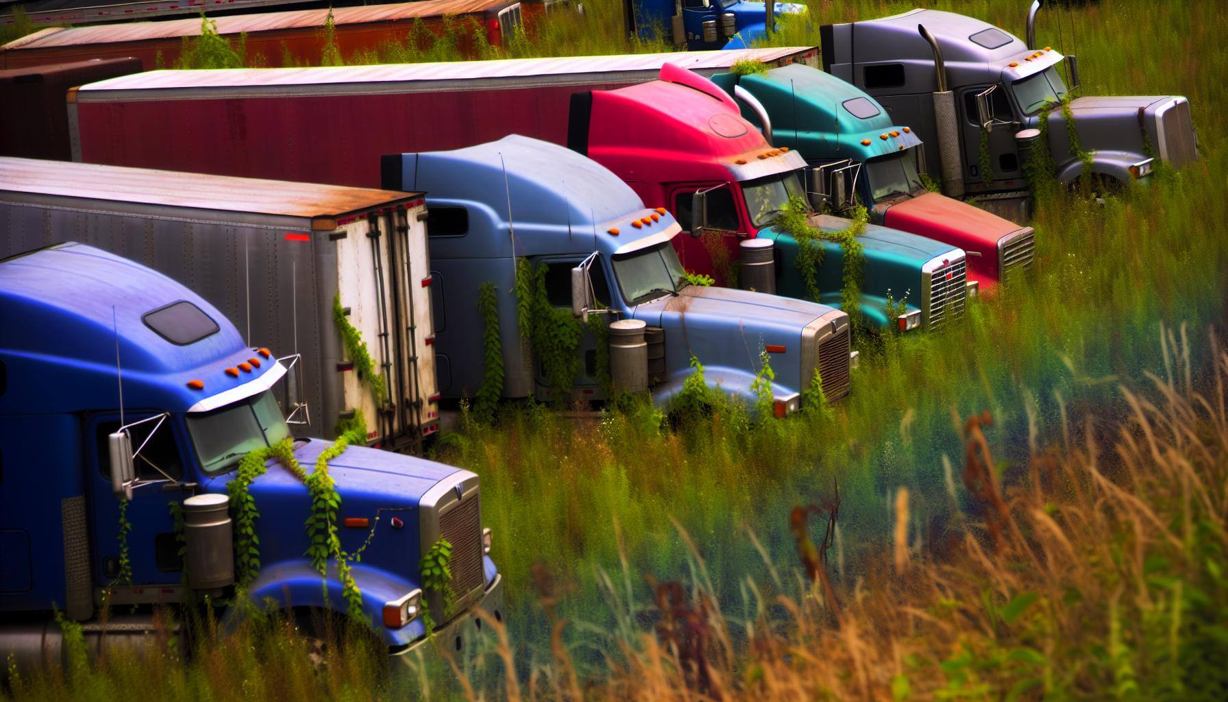 semi trucks with grass and weeds growing around them
